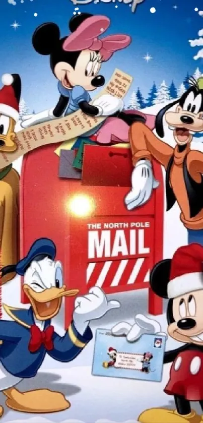 Cartoon characters mailing Christmas letters at the North Pole.