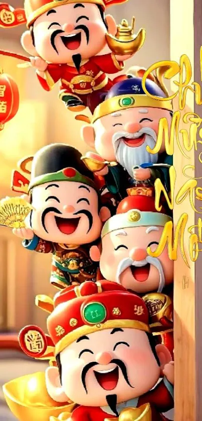 Festive cartoon characters with golden accents.