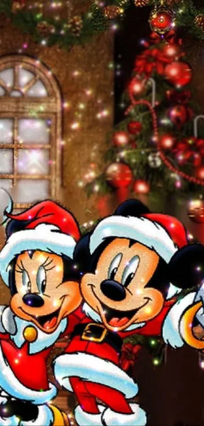 Cartoon characters in festive Christmas attire with decorations.