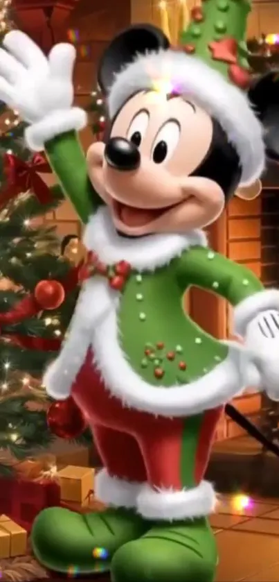 Cartoon character in Christmas attire with a Christmas tree in the background.