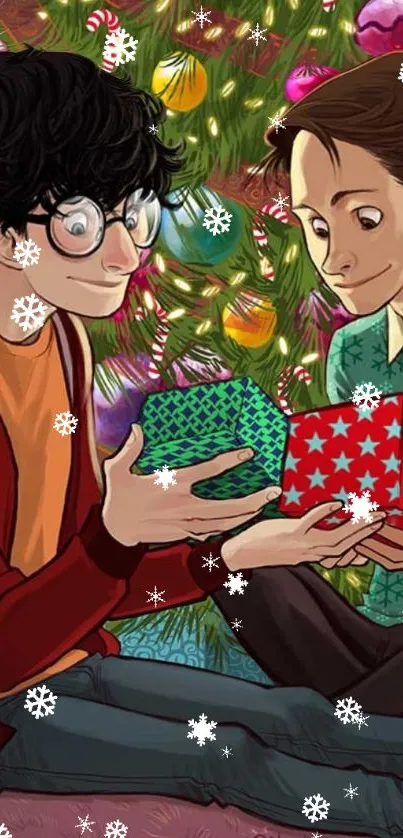 Two friends exchanging gifts by a festive Christmas tree.