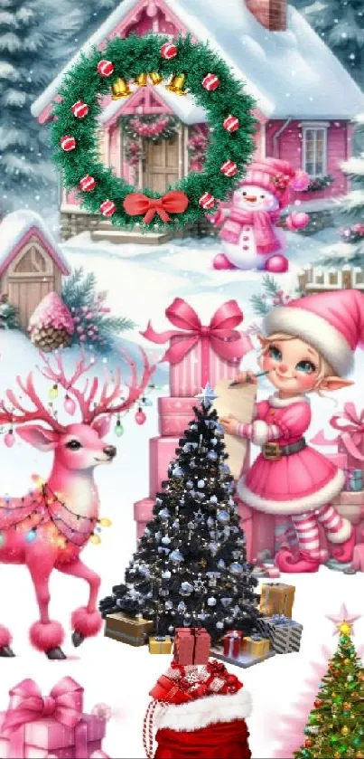 Cartoon Christmas scene with reindeer and gifts.