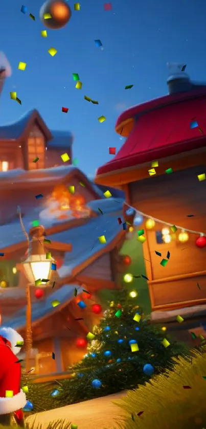 Festive cartoon village with a Christmas theme and decorations at night.