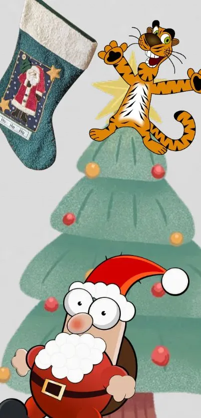 Cartoon Santa and tiger with Christmas tree in festive wallpaper.