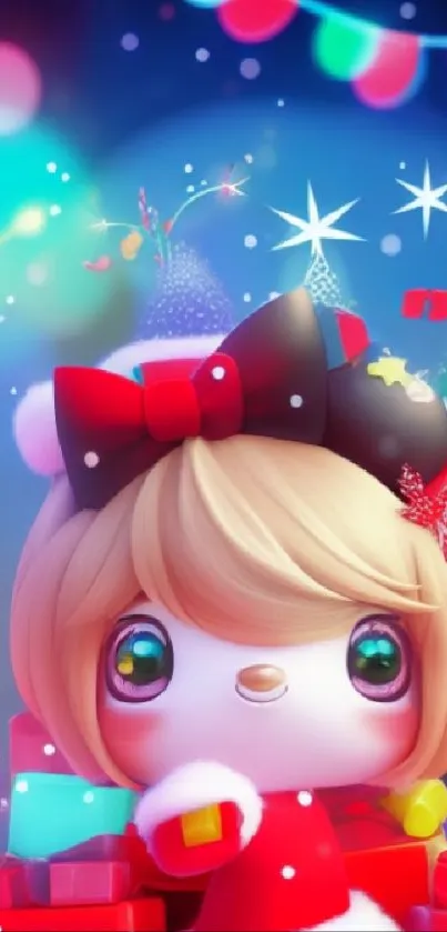 Colorful cartoon Christmas scene with gifts and festive decorations.