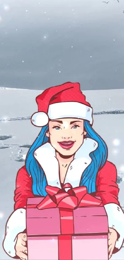 Cartoon character in Santa hat holding a gift on a snowy backdrop.