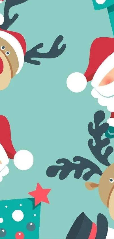 Festive Christmas wallpaper with Santa, reindeer, and snowman.