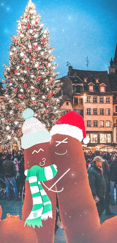 Cartoon fingers with hats in front of a Christmas tree in a festive town square.