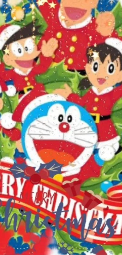 Cartoon Christmas wallpaper with festive characters in red attire.