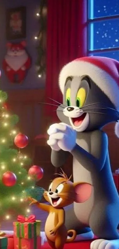 Cartoon characters celebrating Christmas by the tree.