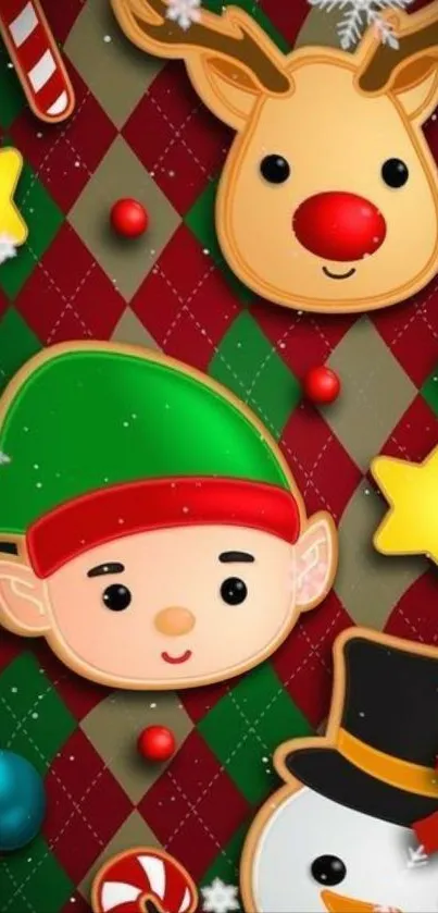 Festive Christmas cartoon wallpaper with elf and reindeer decorations.