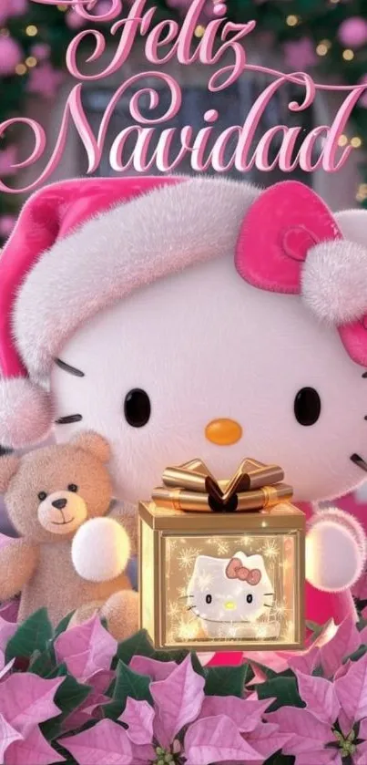 Hello Kitty Christmas scene with gift and teddy bear.
