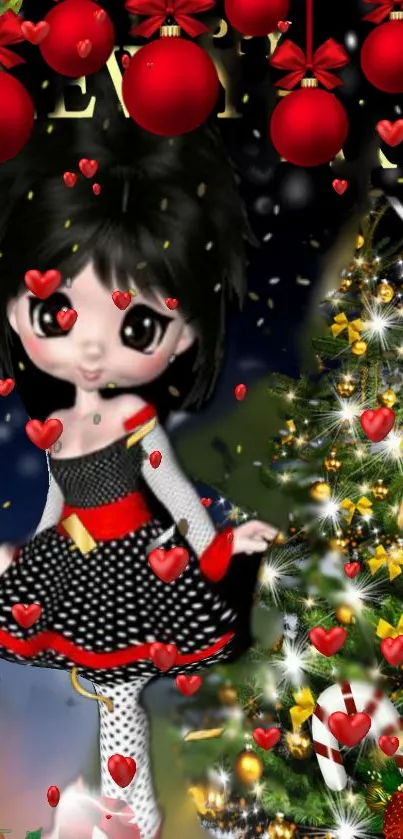 Cartoon character in Christmas scene with tree and red decorations.