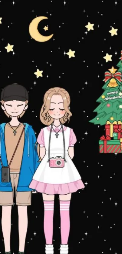 Festive cartoon couple with stars and gifts on a night sky.