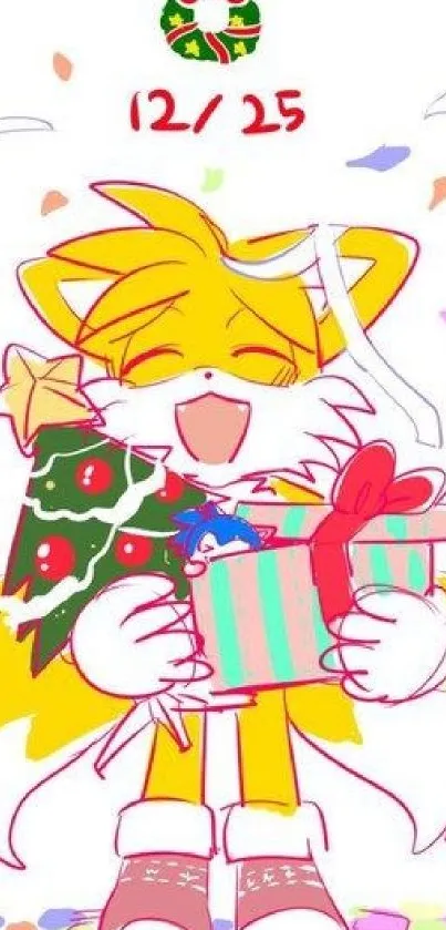 Cartoon fox holding Christmas gifts