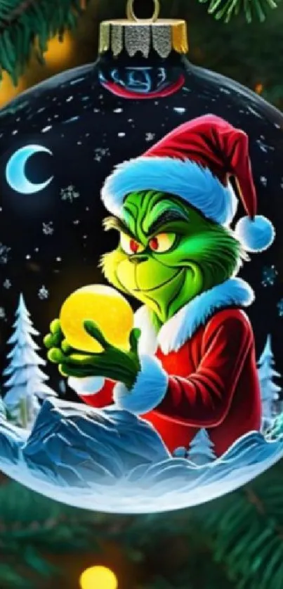 Green cartoon character in a Christmas ornament on a festive background.