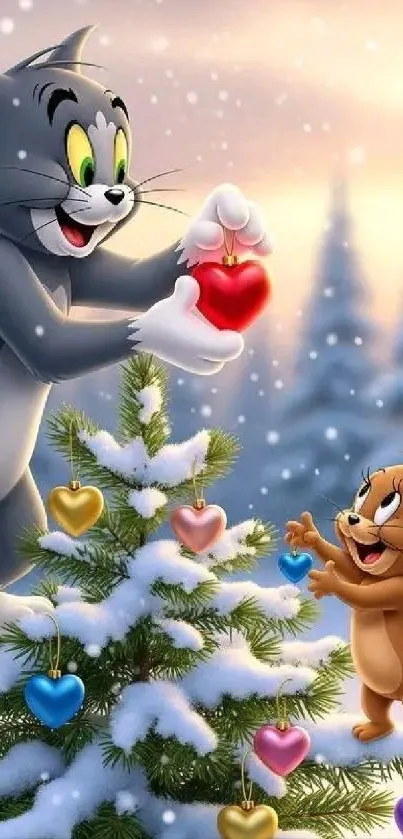 Cartoon characters decorating Christmas tree in snow.