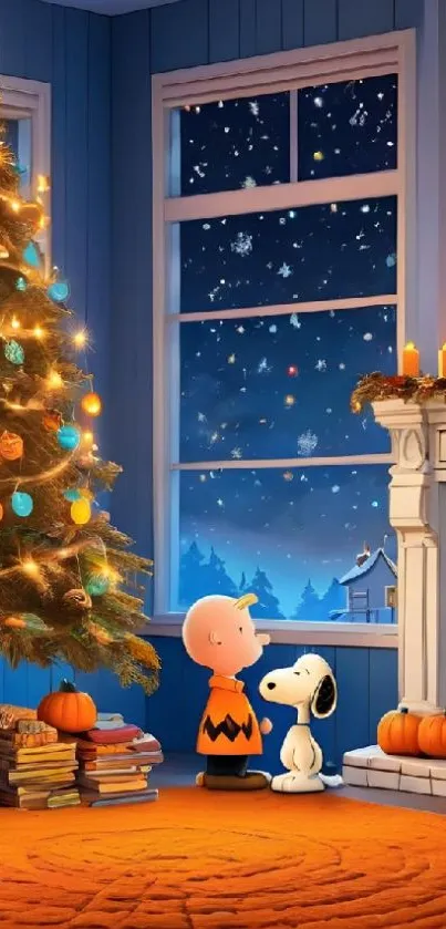 Cartoon scene by the fireplace with Christmas tree on a winter night.