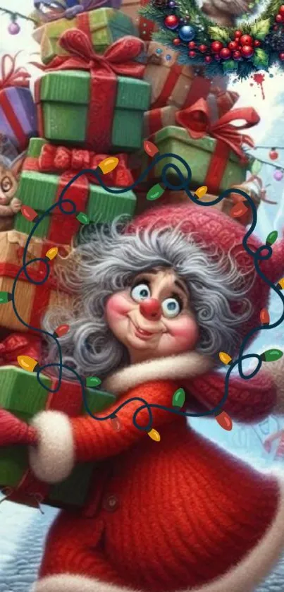 Festive cartoon character with gifts, in a colorful Christmas scene.