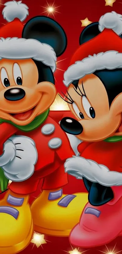 Holiday-themed cartoon characters in festive attire on a vibrant red background.