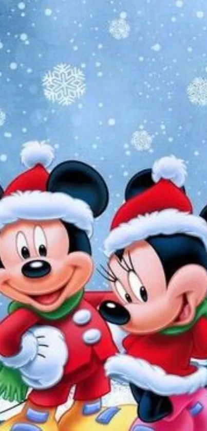 Cartoon characters in festive outfits with a snowy background.