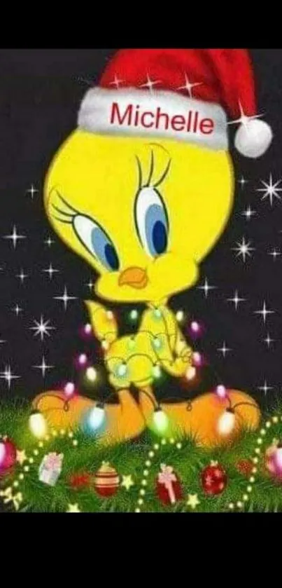 Festive yellow cartoon character with Christmas ornaments.