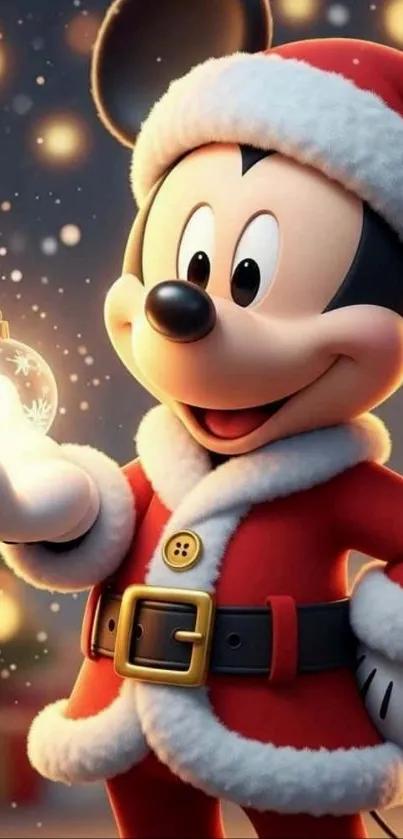 Festive cartoon character dressed as Santa holding a glowing ornament.