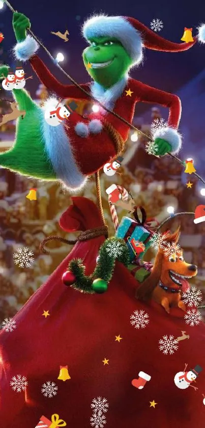 Festive cartoon character with gifts on red bag, surrounded by holiday lights.