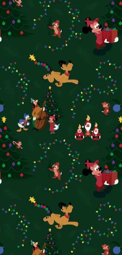 Festive cartoon wallpaper with Christmas tree and beloved characters.