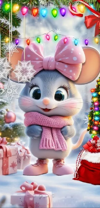 Festive cartoon mouse in Christmas scenery with gifts and lights.