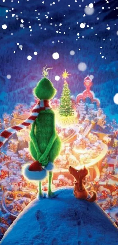 Green character with Christmas theme overlooking a colorful village.