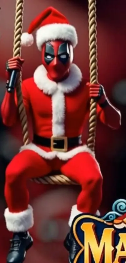 Cartoon character in Santa outfit on swing, vibrant and festive.