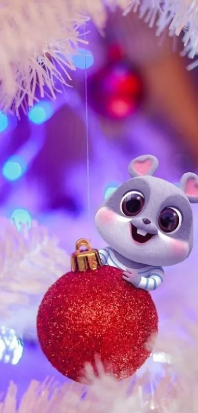 Cartoon character on red Christmas ornament with purple background.