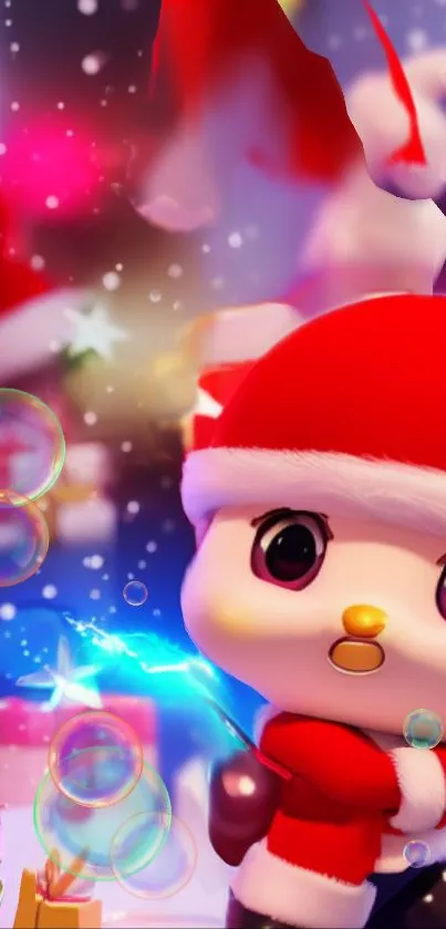 Cute cartoon Santa character with bubbles and gifts in vibrant colors.