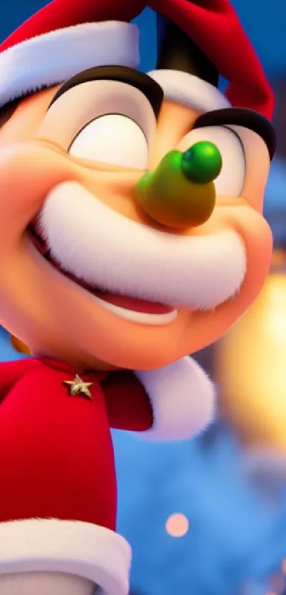 Cartoon Santa in a festive Christmas scene with colorful lights and snow.