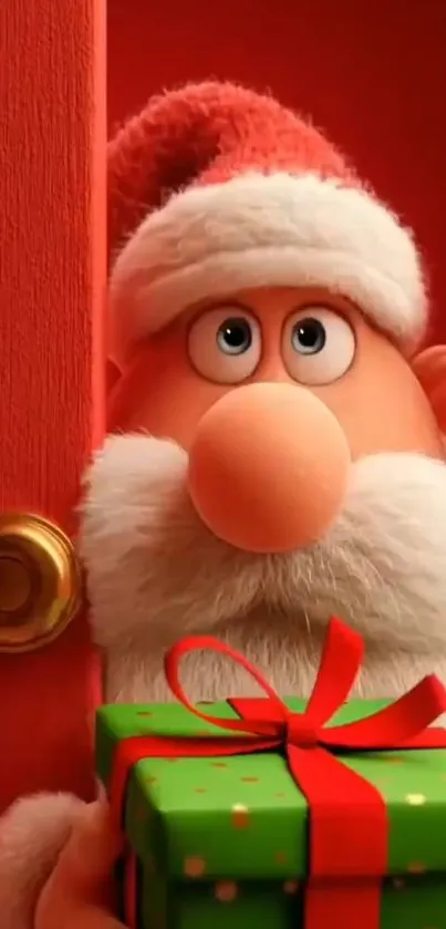 Cartoon Santa holding a gift box behind a red door.