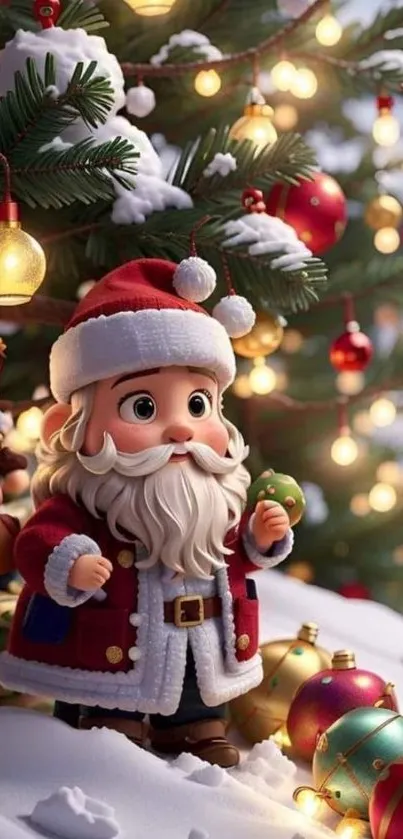 Cartoon Santa Claus with Christmas tree and lights.