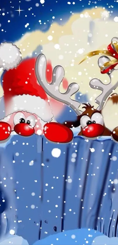 Festive cartoon wallpaper with Santa and reindeer in snow.