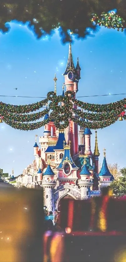 Festive castle with holiday decorations and vibrant colors for mobile wallpaper.