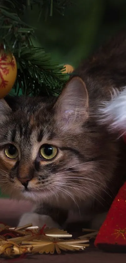 Cat under Christmas tree with ornaments and festive decor.