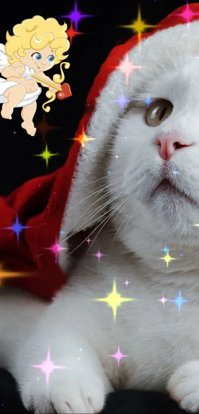 Cute cat in Santa hat with colorful stars and playful angel.