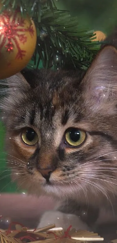 Festive cat under a Christmas tree with ornaments and a gift bag.