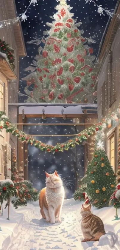 Snowy Christmas street with cats and a lit Christmas tree.