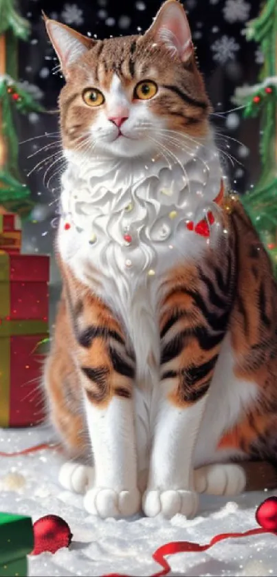 Festive cat sitting with Christmas gifts in a snowy setting.