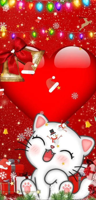 Festive Christmas wallpaper with cute cat and red heart.