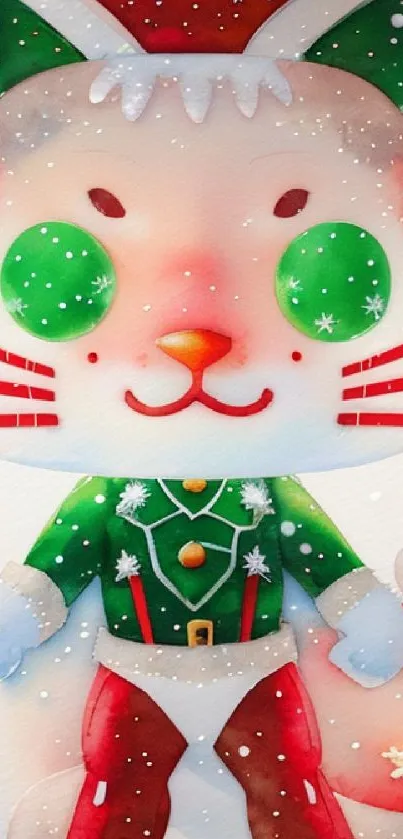 Festive cat in green holiday costume with Christmas decorations.