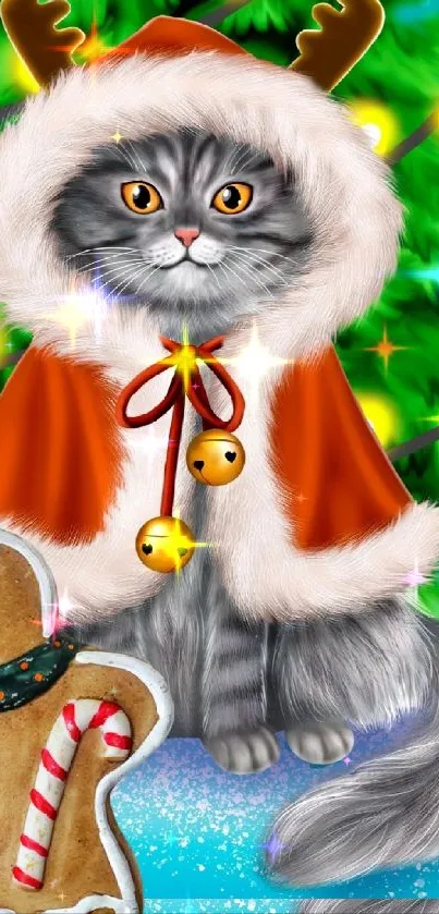 Christmas cat in festive outfit with gingerbread man.