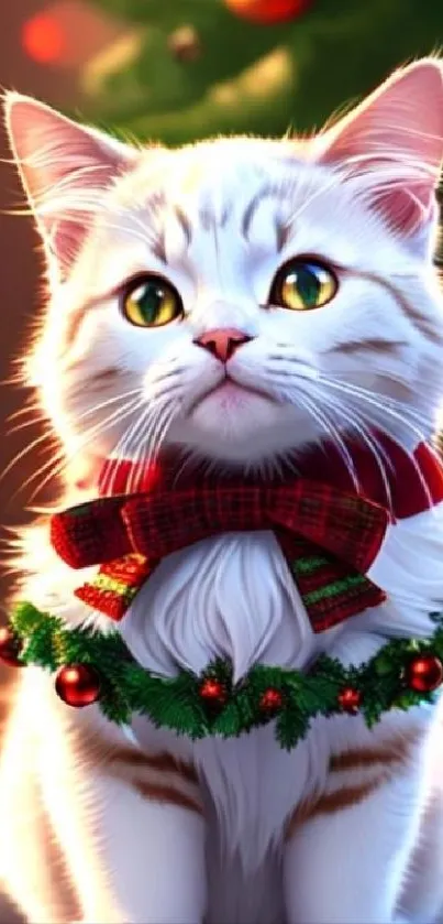 White cat with bow and garland in front of a Christmas tree.