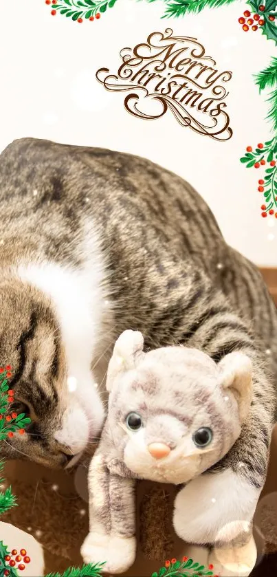 Adorable tabby cat snuggling a plush toy with Christmas decor.