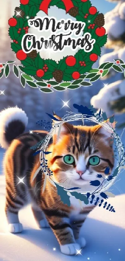 Festive Christmas wallpaper with kitten and holiday wreath in snowy setting.